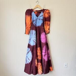 BUSAYO Dami Maxi Dress Womens 2XS Multicolor Tie Dye Puff Sleeve Fit & Flare